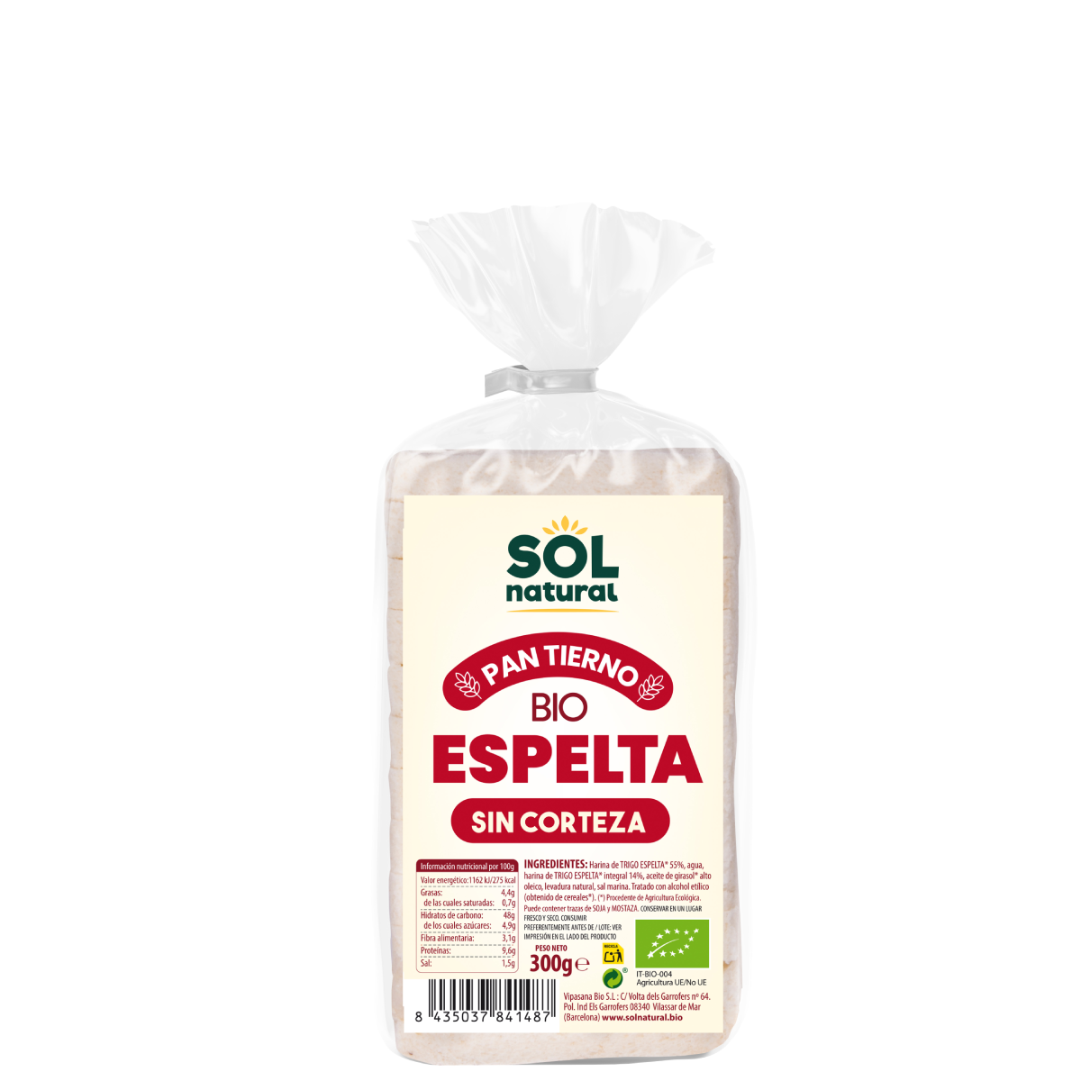 Pão de Espelta Biológico Sem Crosta Sol Natural 300g