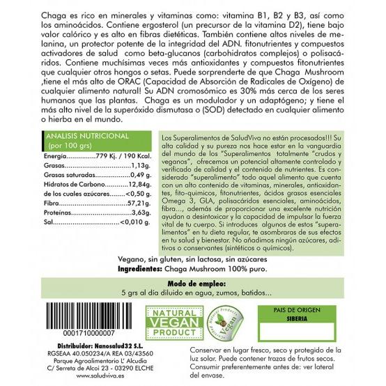 Cogumelo Chaga 100 g, Salud Viva
