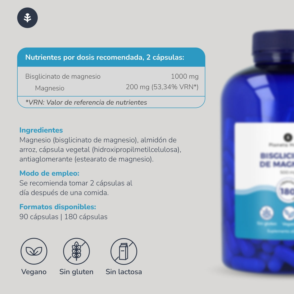 Bisglicinato de Magnésio 500 mg Planeta Huerto 180 cápsulas