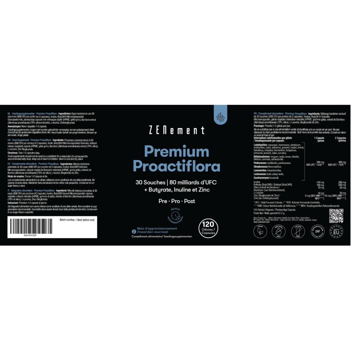 Proactiflora Premium, 30 Variedades | 80 Mil Milhões de UFC + Butirato, Inulina e Zinco, 120 Comprimidos