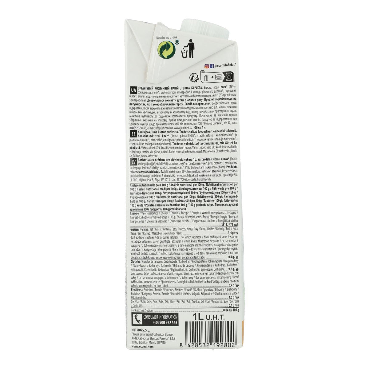 Bebida Vegetal Barista Aveia BIO EcoMil 1 L