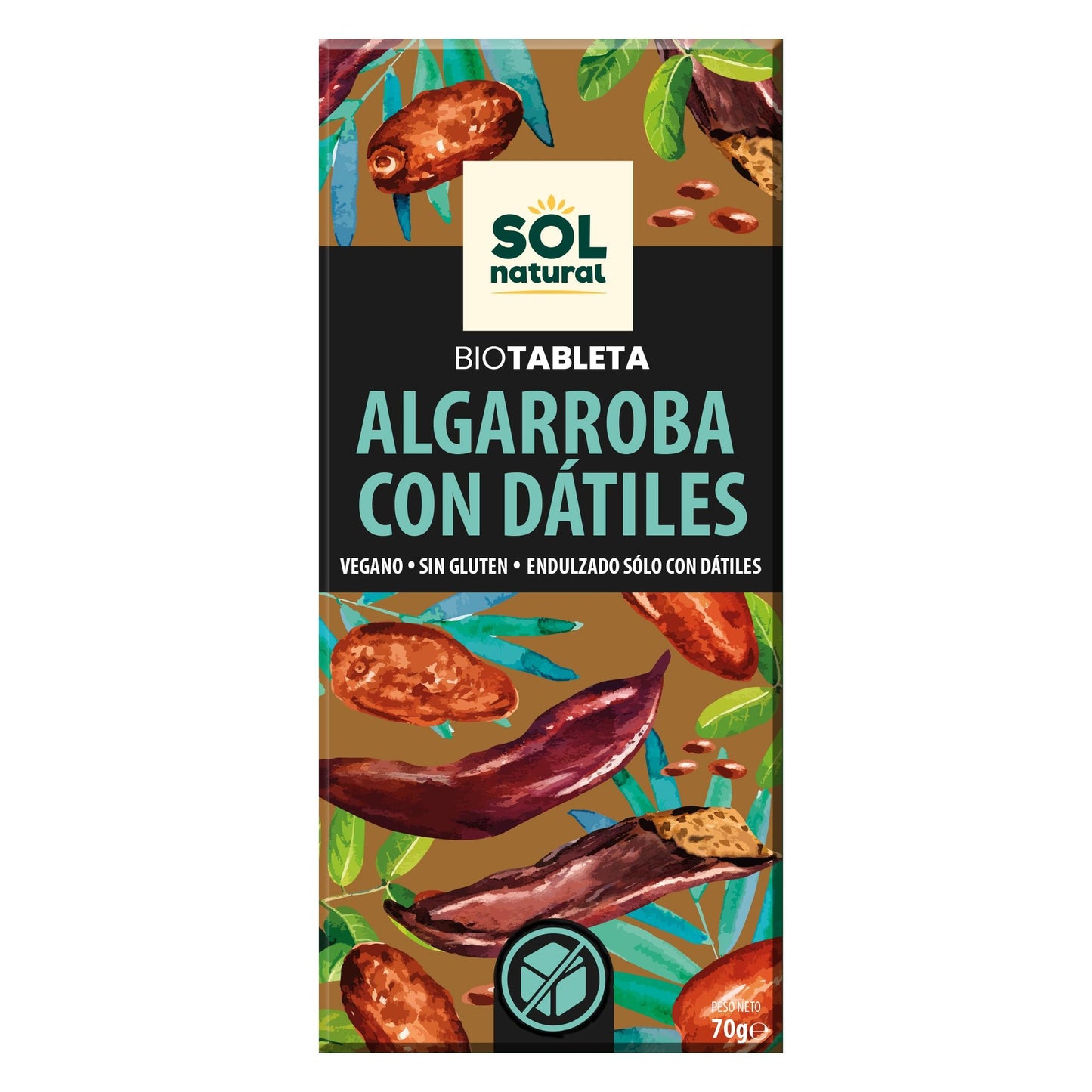 Sol Natural Vegan Chocolate de Alfarroba com Tâmaras Biológicas 70g