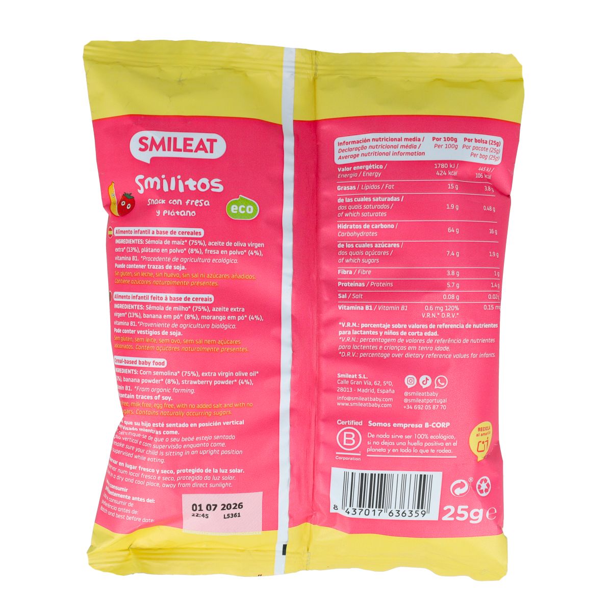 Smilitos, Morango Biológico e Minhocas de Banana Smileat, 25g