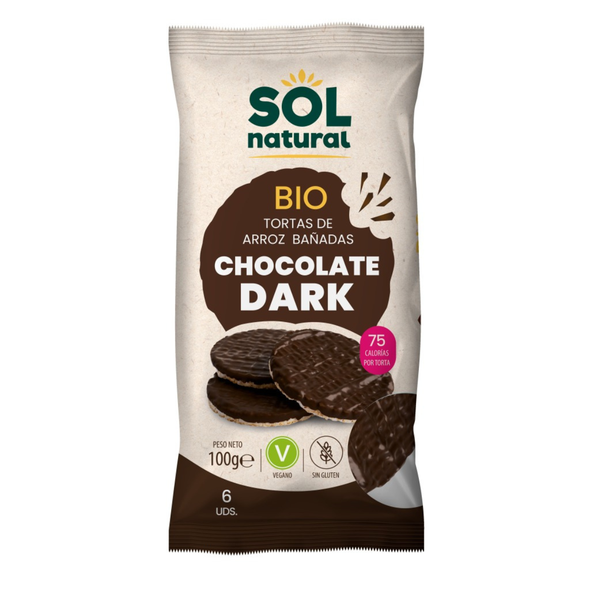 Bolinhos de Arroz Cobertos com Sol Natural Bio Fondant Chocolate 100 g