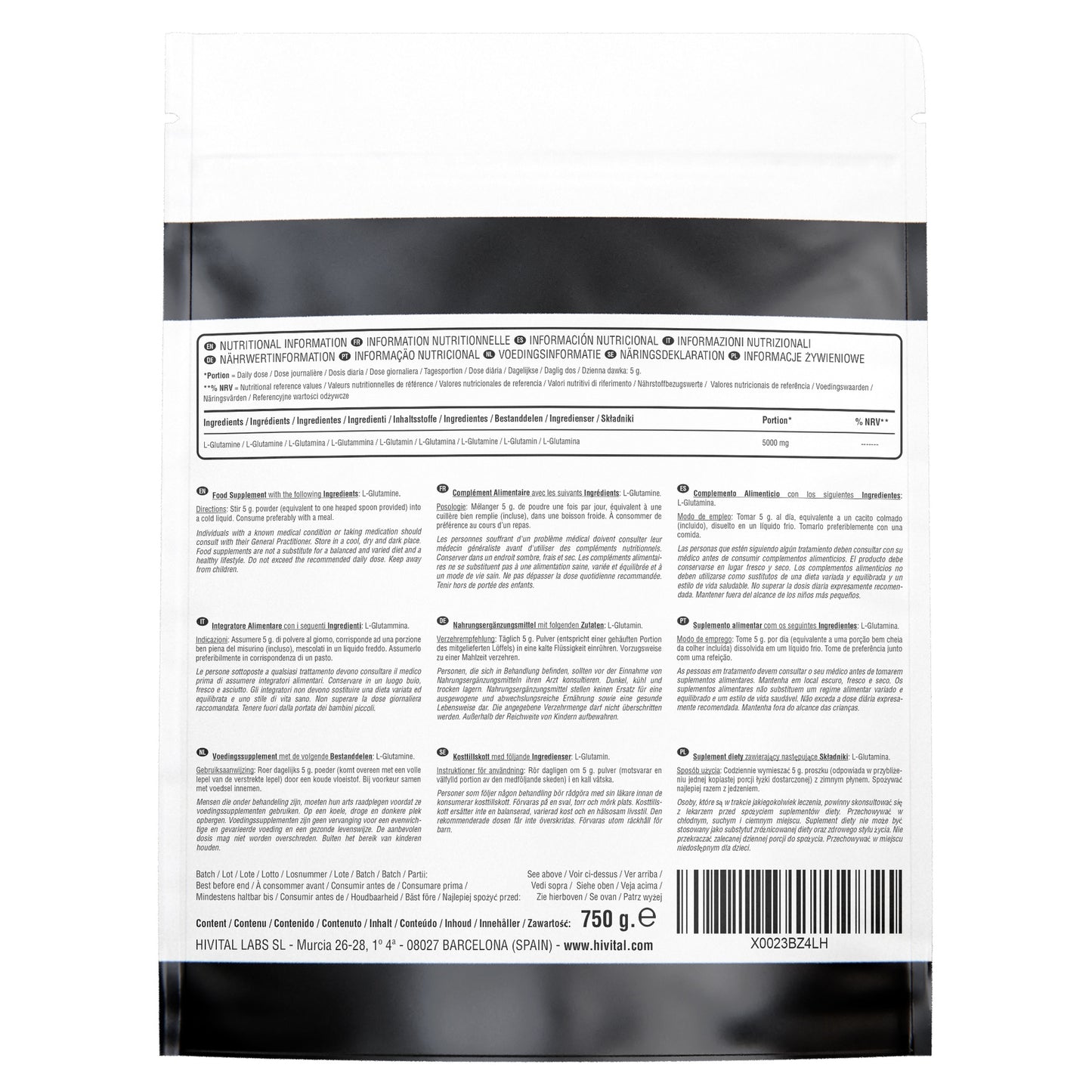 L-Glutamina 5000 mg Hivital 750 gramas de pó vegan