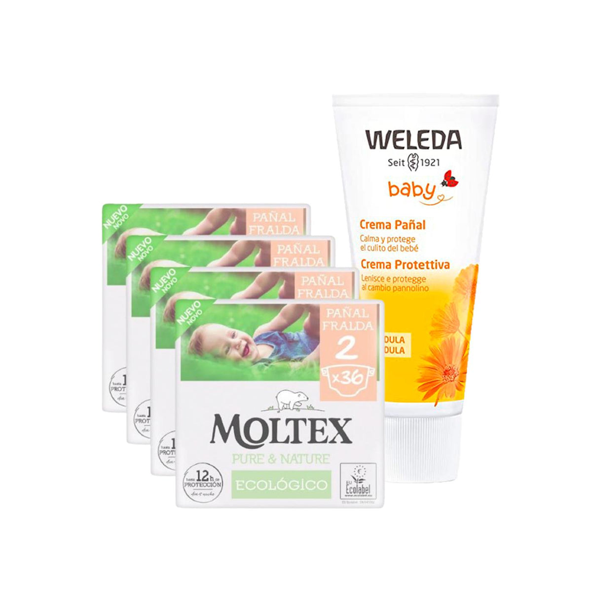 PACOTE ESPECIAL Creme para Fraldas de Calêndula Weleda 75ml + Pacote de Poupança Fraldas T2 (3-6 kg) Moltex Pure & Nature 144 Unidades