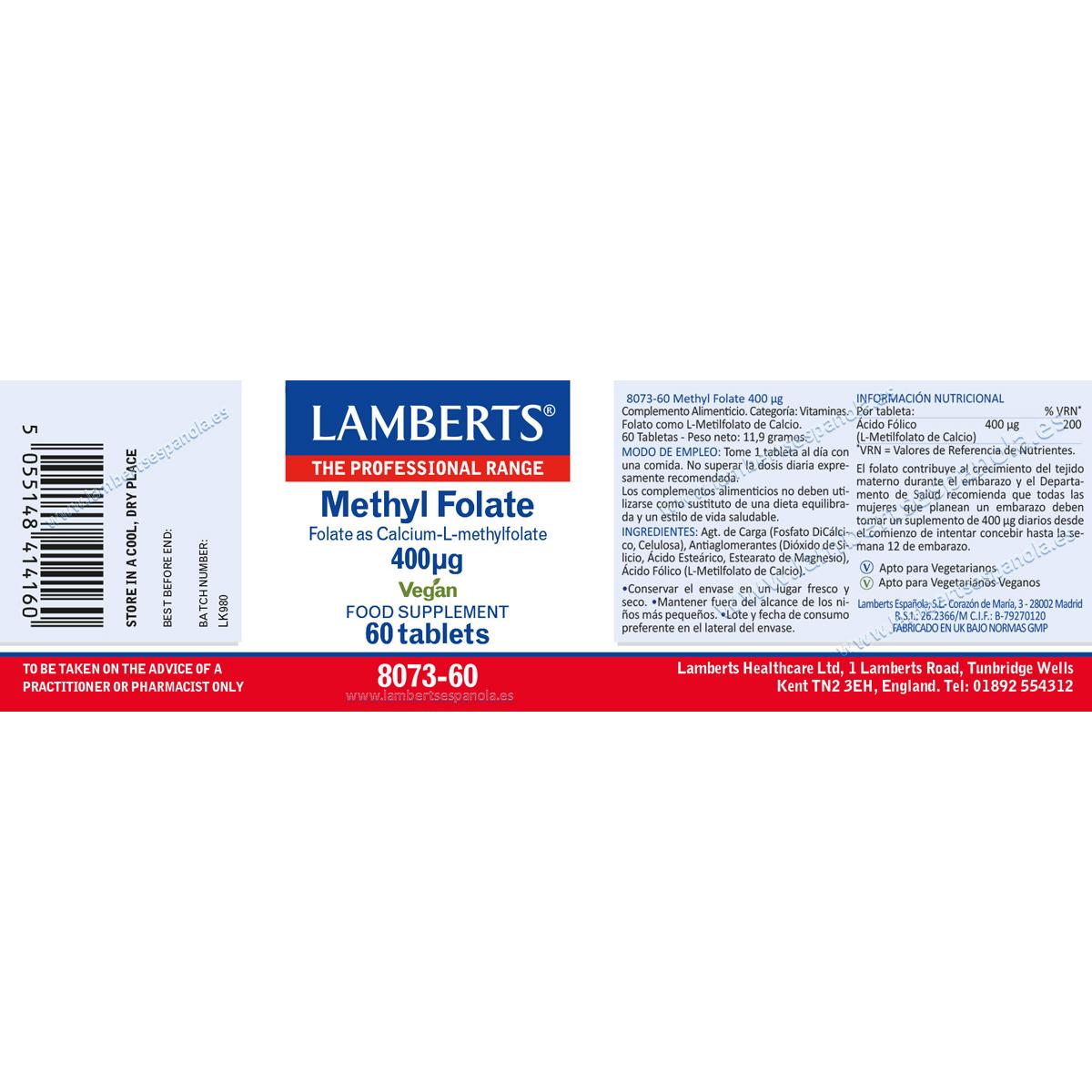 Metilfolato 400 µg Lamberts 60 Comprimidos