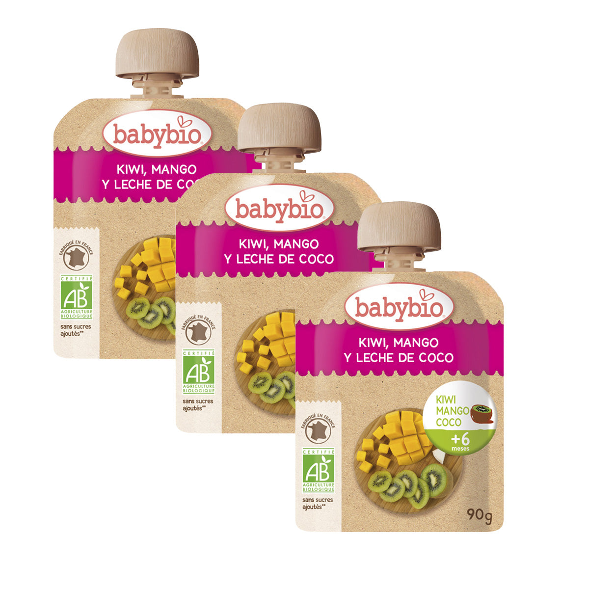 Embalagem de 3 saquetas de fruta: Bebida de kiwi, manga e coco, Babybio, 90 g