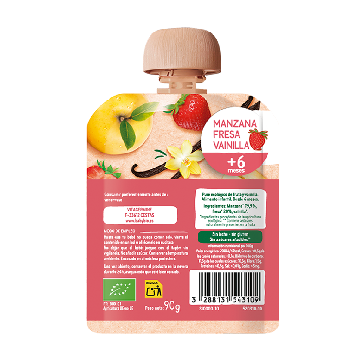 Saquetas de fruta: Maçã, morango e baunilha, Babybio, 90g