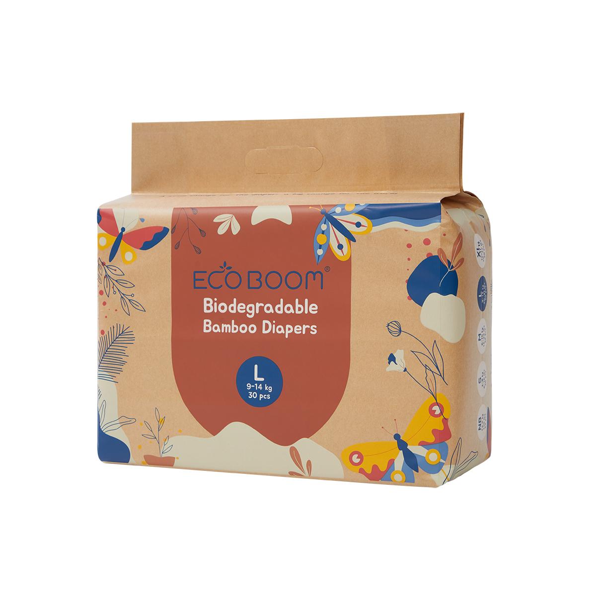 ECOBOOM - Fralda de Bambu Eco Boom. 70% biodegradável, hipoalergénica (tamanho 4/L, 9-14 kg, embalagem de 4 sacos, total de 120 fraldas)