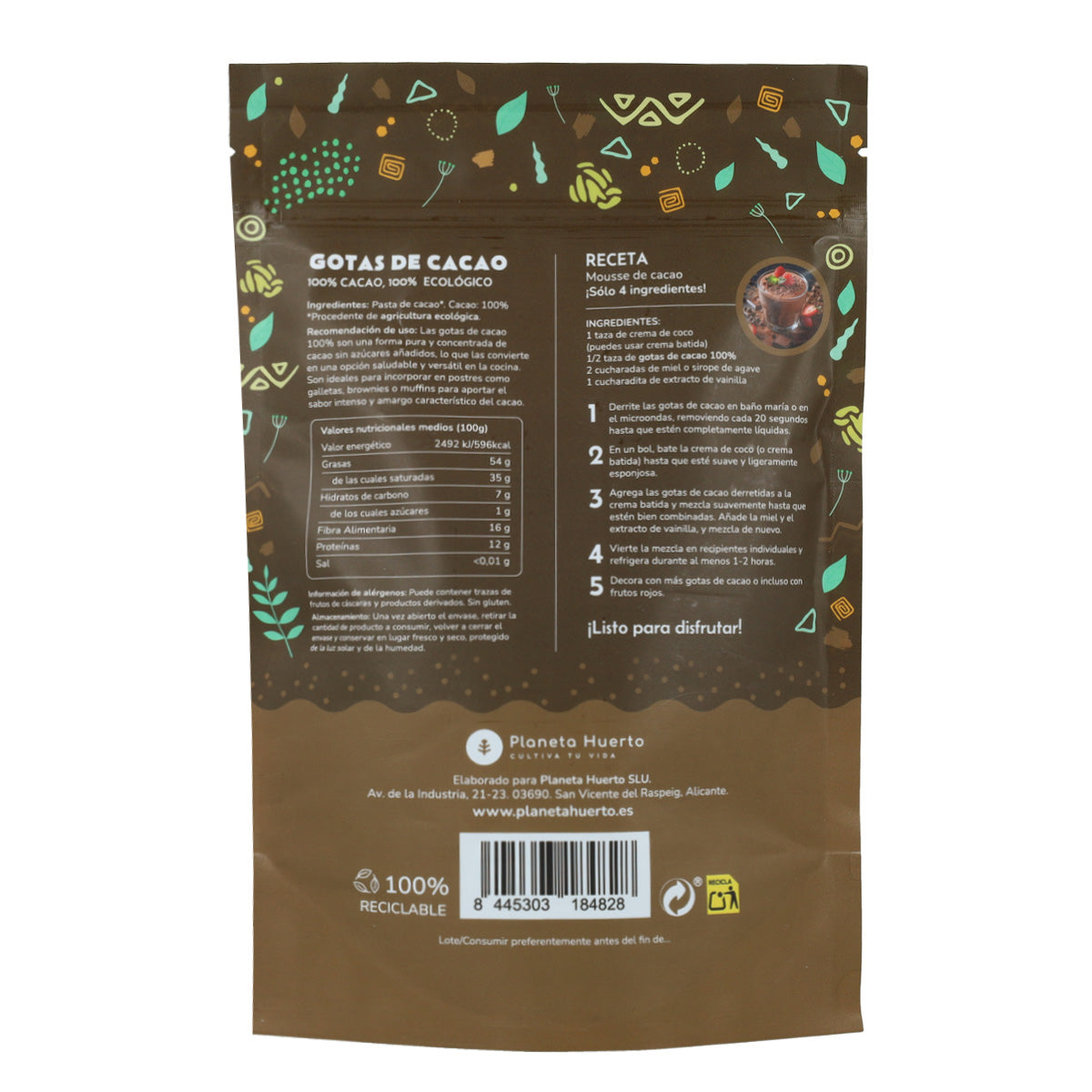 Pepitas de Chocolate 100% Cacau Biológico da Planeta Huerto 200 g