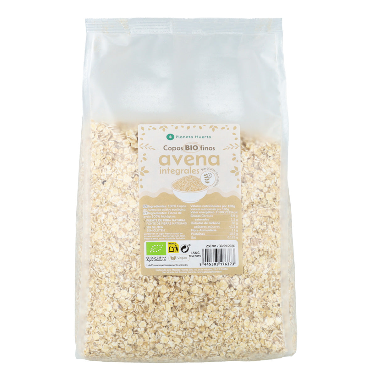 Flocos de Aveia Finos Sem Glúten ECO Planeta Huerto 1,5 kg