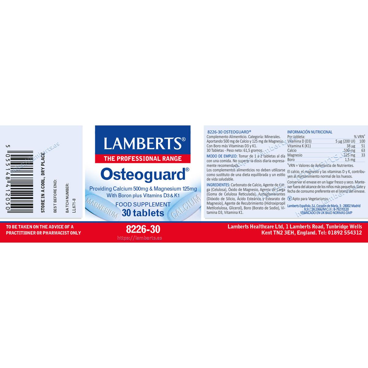 Osteoguard Cálcio, Magnésio, Boro, Vitaminas D e K30 Lamberts 30 Comprimidos
