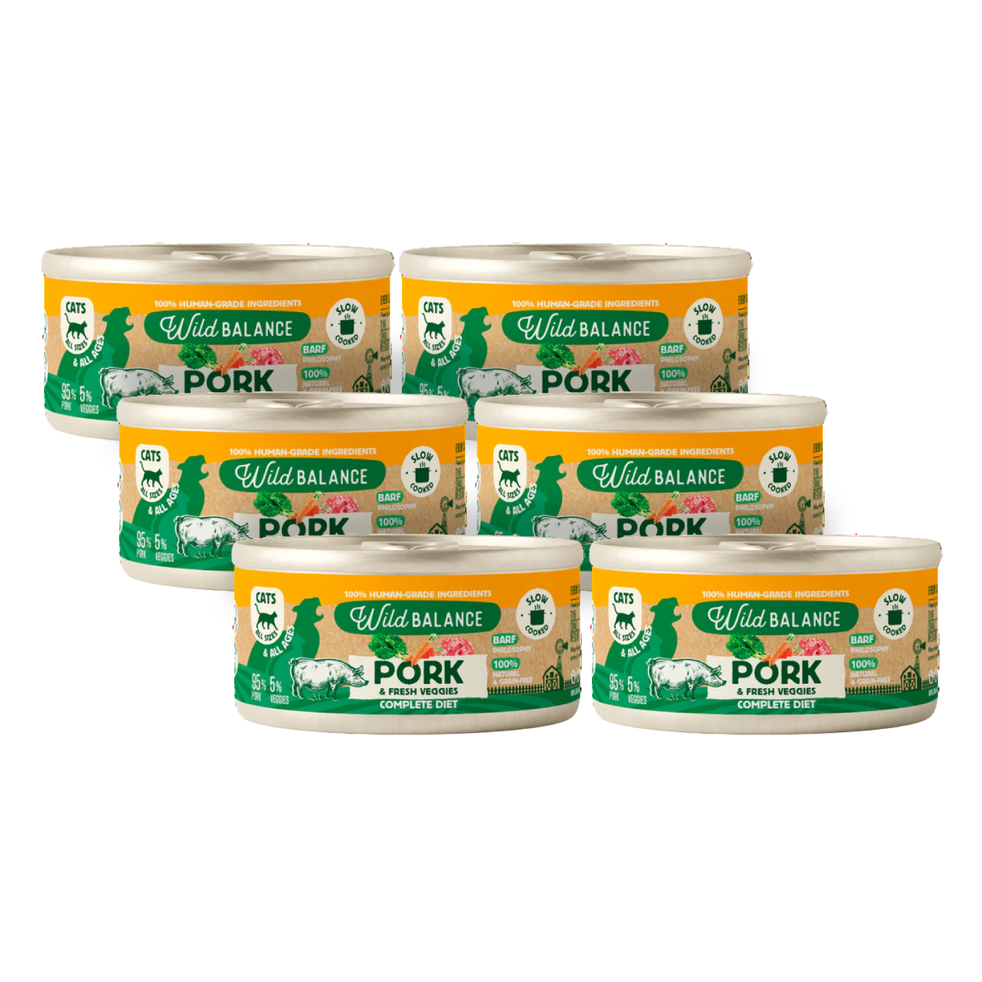 Ração para gatos Wild Balance Pork and Vegetable BARF, embalagem de 6 unidades de 120 g