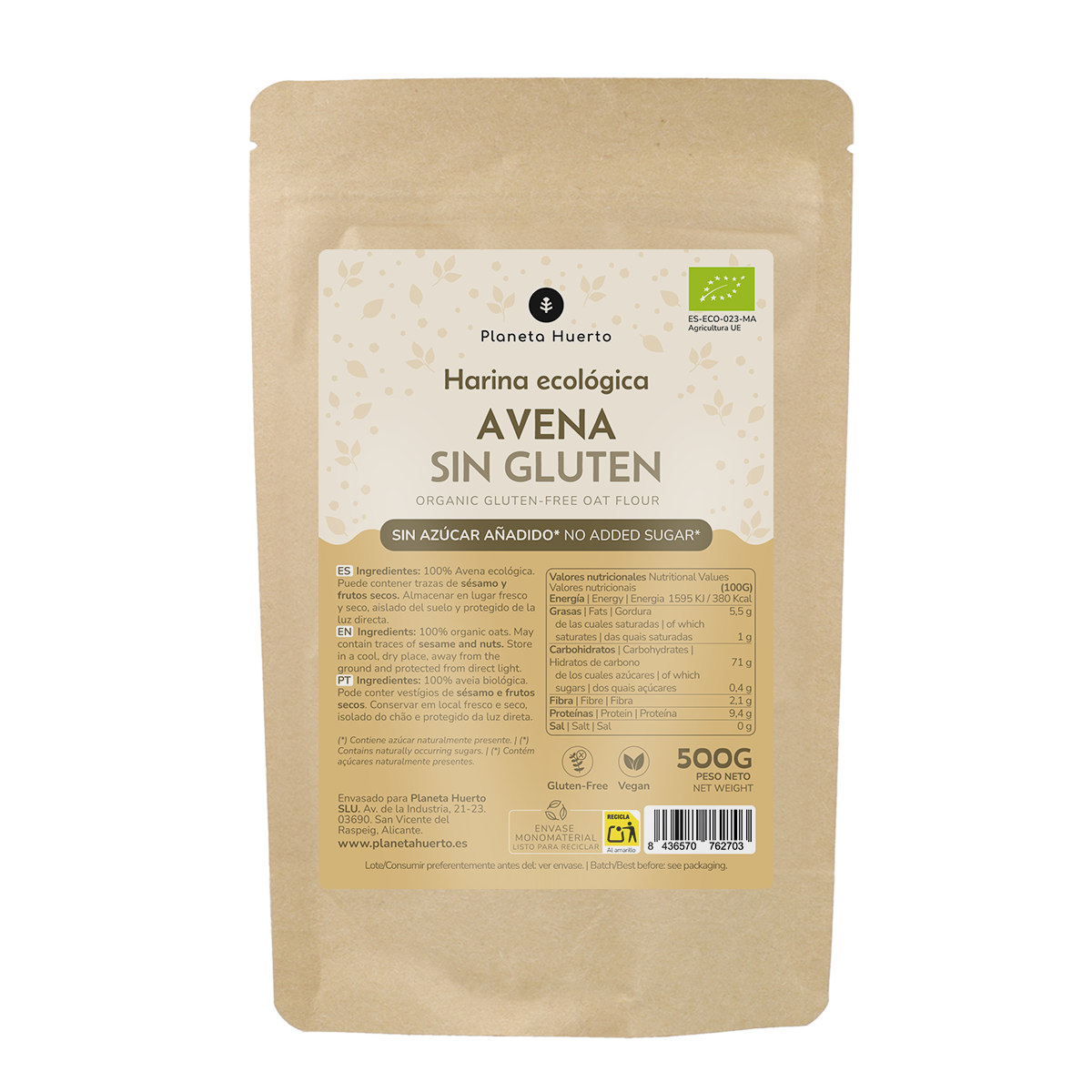 Farinha de Aveia Sem Glúten ECO Planeta Huerto 500 g