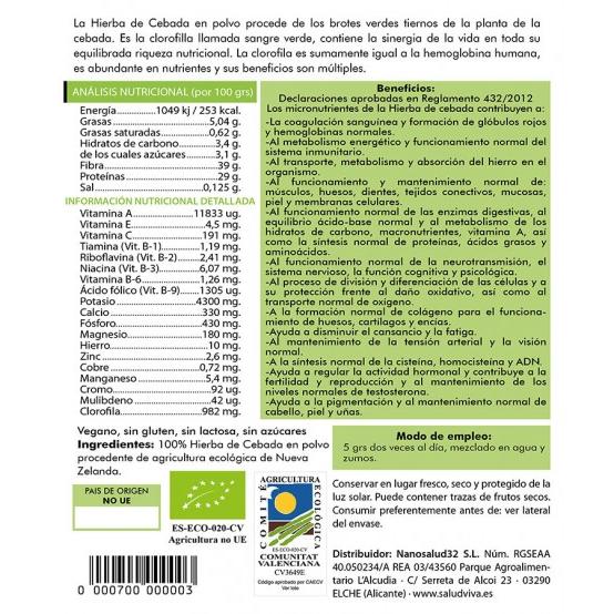 Pó de erva de cevada biológica 125g, Salud Viva
