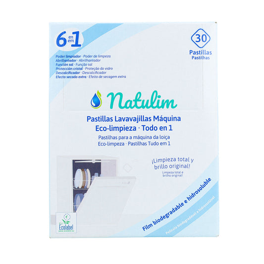 Pastilhas ecológicas Natulim 6 em 1 para máquina de lavar loiça, 30 unidades