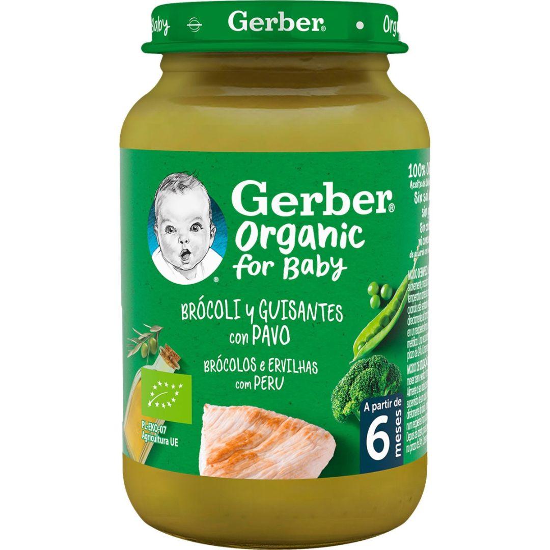 Puré de brócolos, ervilhas e peru biológico Gerber, pote de 190g, brócolos, ervilhas e peru biológico Gerber