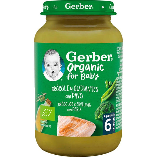 Puré de brócolos, ervilhas e peru biológico Gerber, pote de 190g, brócolos, ervilhas e peru biológico Gerber