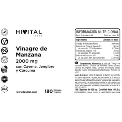 Vinagre de maçã 2000 mg 180 cápsulas vegan Hivital