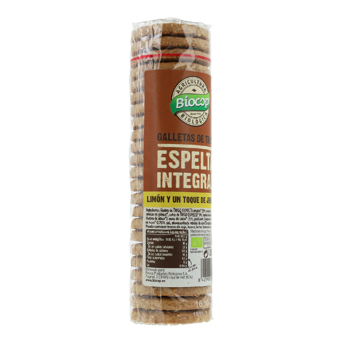 Embalagem de 2 bolachas integrais de espelta, gengibre e limão Biocop 250g