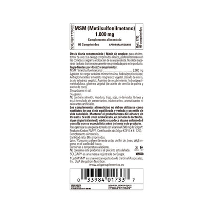 MSM (Metilsulfonilmetano), 60 comprimidos de 1000 mg