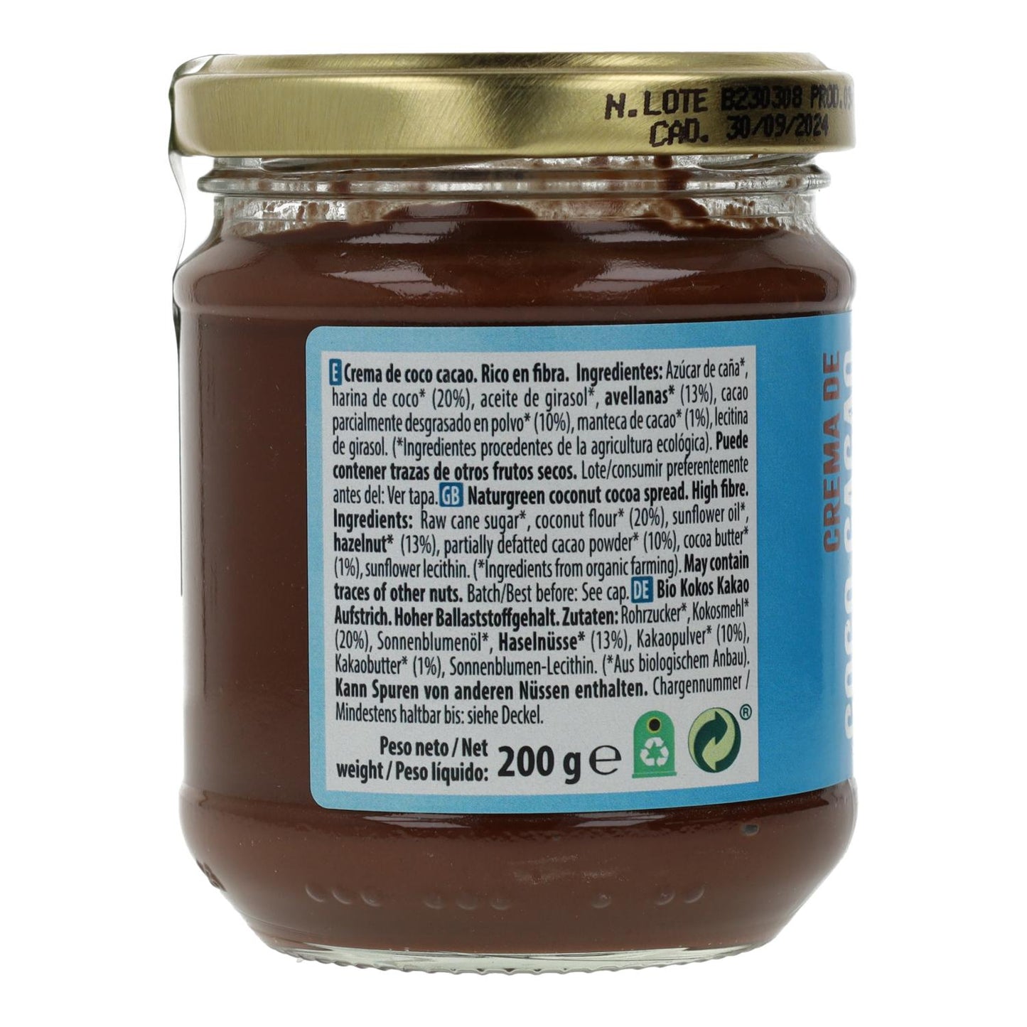 Creme para barrar de coco e cacau Naturgreen 200 gr