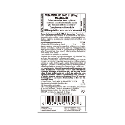 Vitamina D3 1000 UI, 100 comprimidos para mastigar de 25 mcg