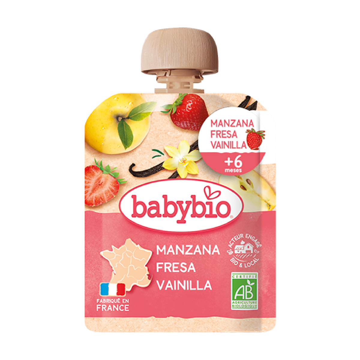 Saquetas de fruta: Maçã, morango e baunilha, Babybio, 90g