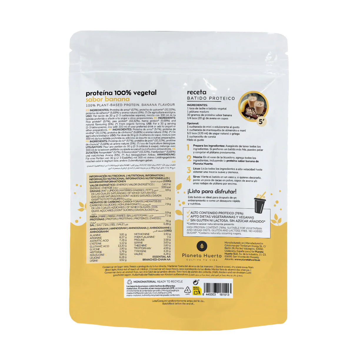 Proteína Vegetal Biológica 76% Banana Planeta Huerto 500 g