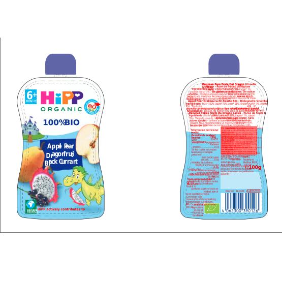 Pack de 6 saquetas Dragon (maçã, pera, pitaia e groselha) Bio HiPP