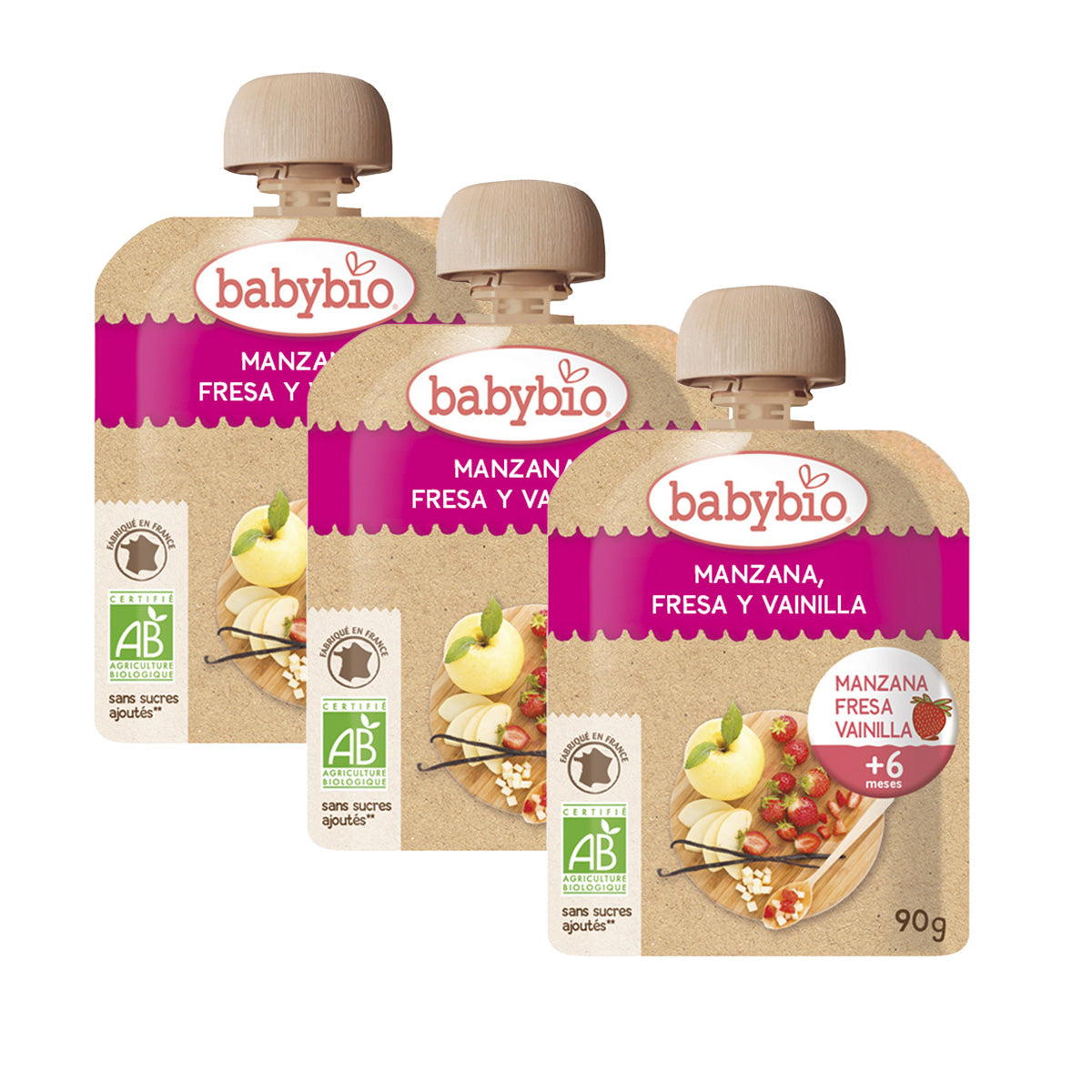 Embalagem com 3 saquetas de fruta: Maçã, morango e baunilha, Babybio, 90g
