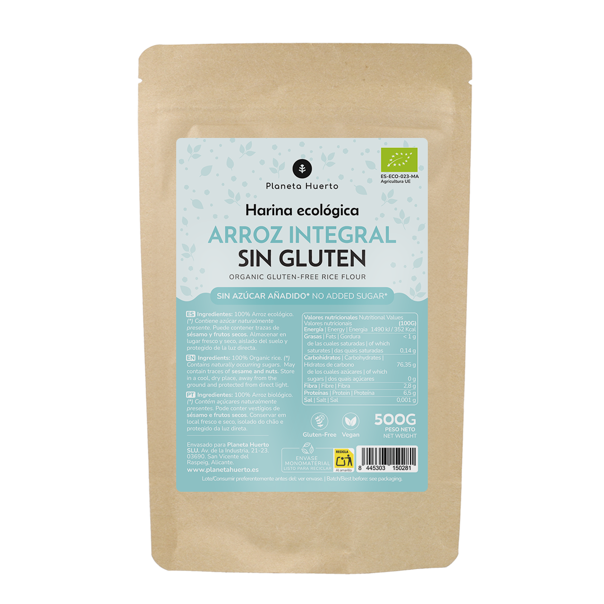 Farinha de Arroz Integral Sem Glúten ECO Planeta Huerto 500 g