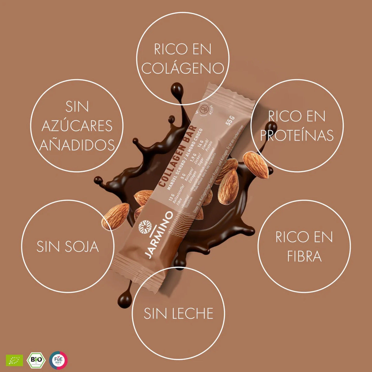 Barra de Colagénio e Proteína Jarmino de Amêndoa e Cacau Biológicos