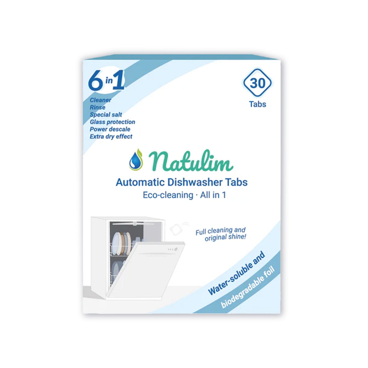Embalagem com 10 pastilhas Eco 6 em 1 para máquina de lavar loiça, Natulim, 30 unidades