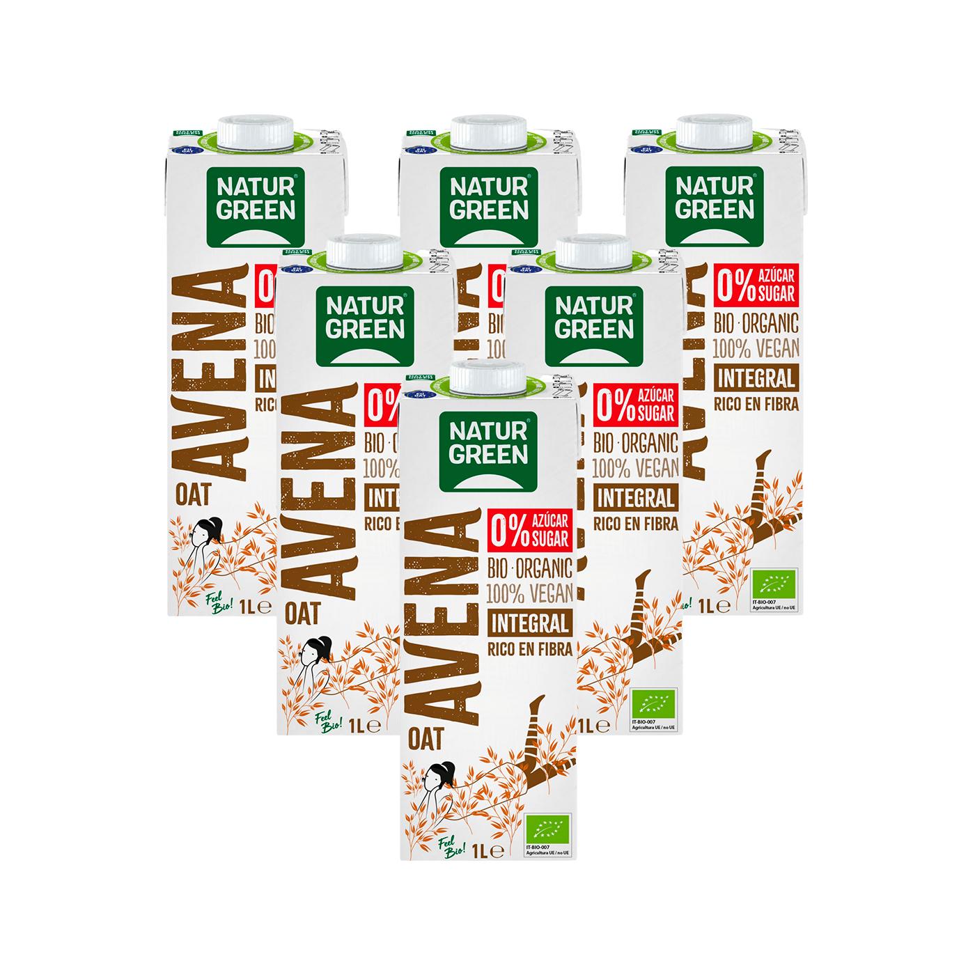 Embalagem de 6 unidades de Bebida de Aveia Integral 0% Açúcares Bio NaturGreen 1 L