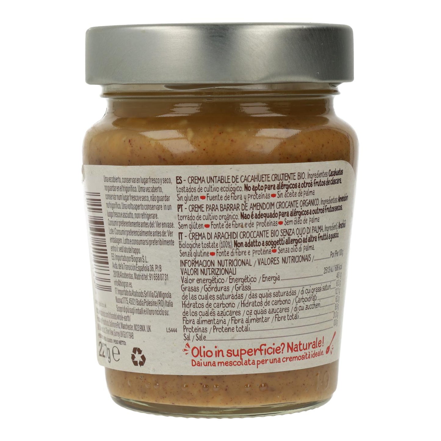 Manteiga de amendoim biológica crocante Whole Earth, 227g