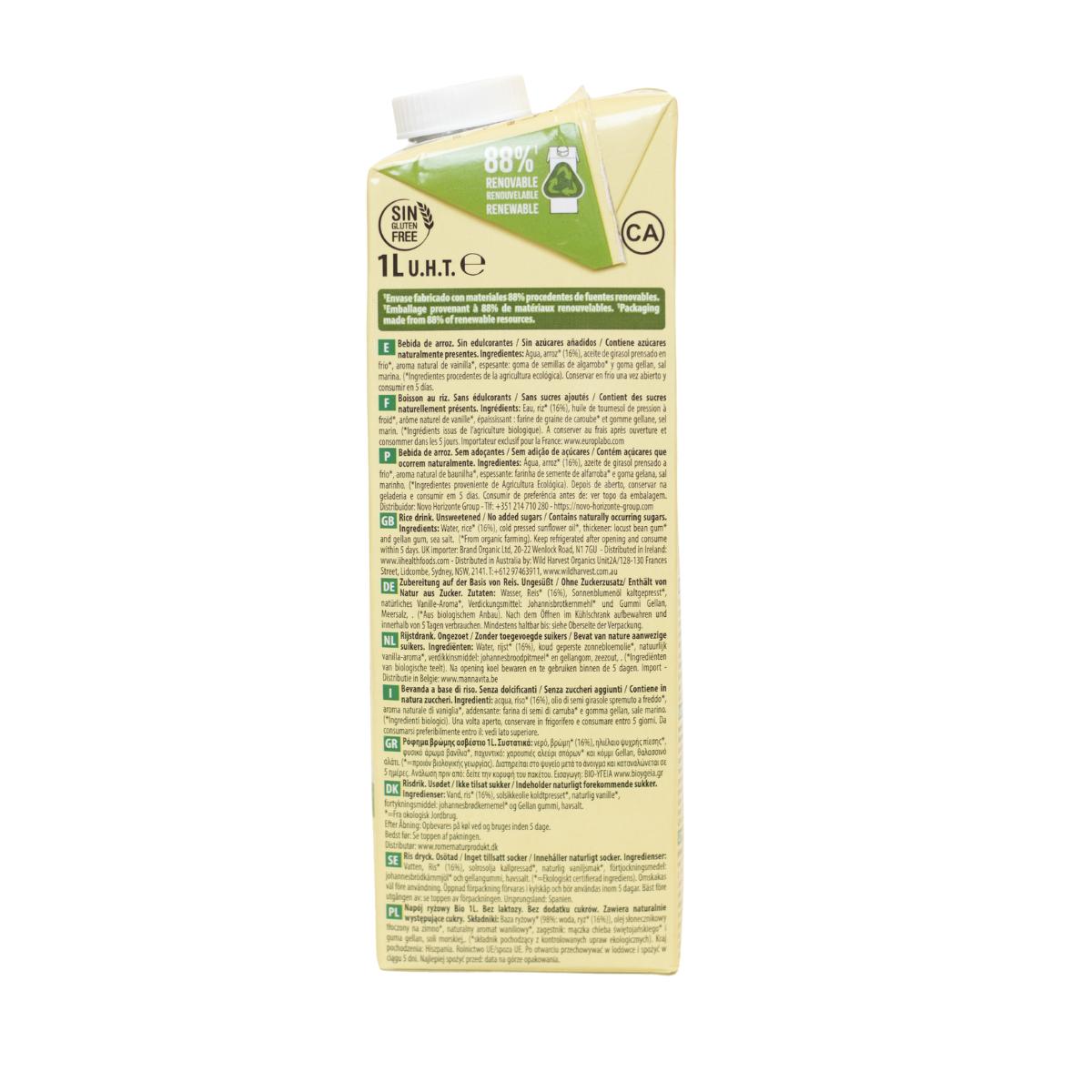 Embalagem de 6 bebidas de arroz sem açúcar NaturGreen 1 L