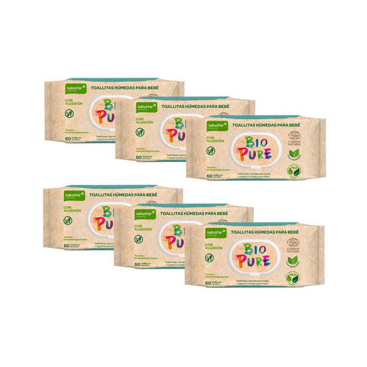 EMBALAGEM 6x Toalhitas Biodegradáveis ​​Salustar Biopure para Bebé 60 unidades
