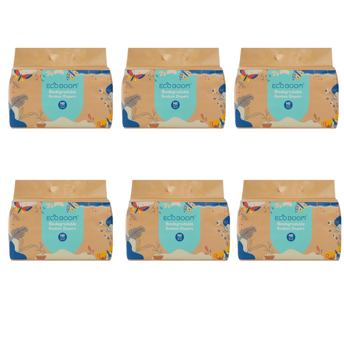 ECOBOOM - Fralda de Bambu Eco Boom. 70% biodegradável, hipoalergénica (tamanho 1/peso < 3 kg, embalagem de 6 fraldas, total de 204 fraldas)