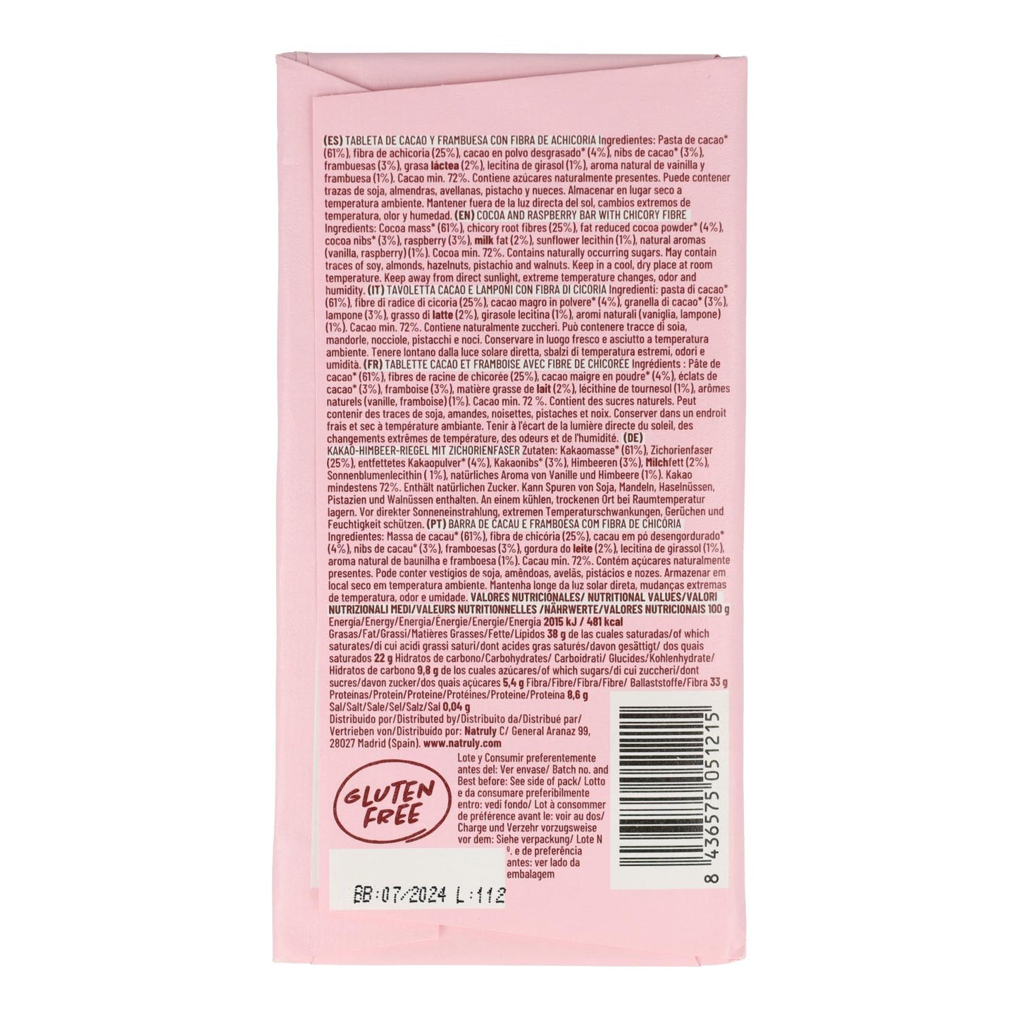 Chocolicious com framboesa e pepitas de cacau Natruly 85 gr