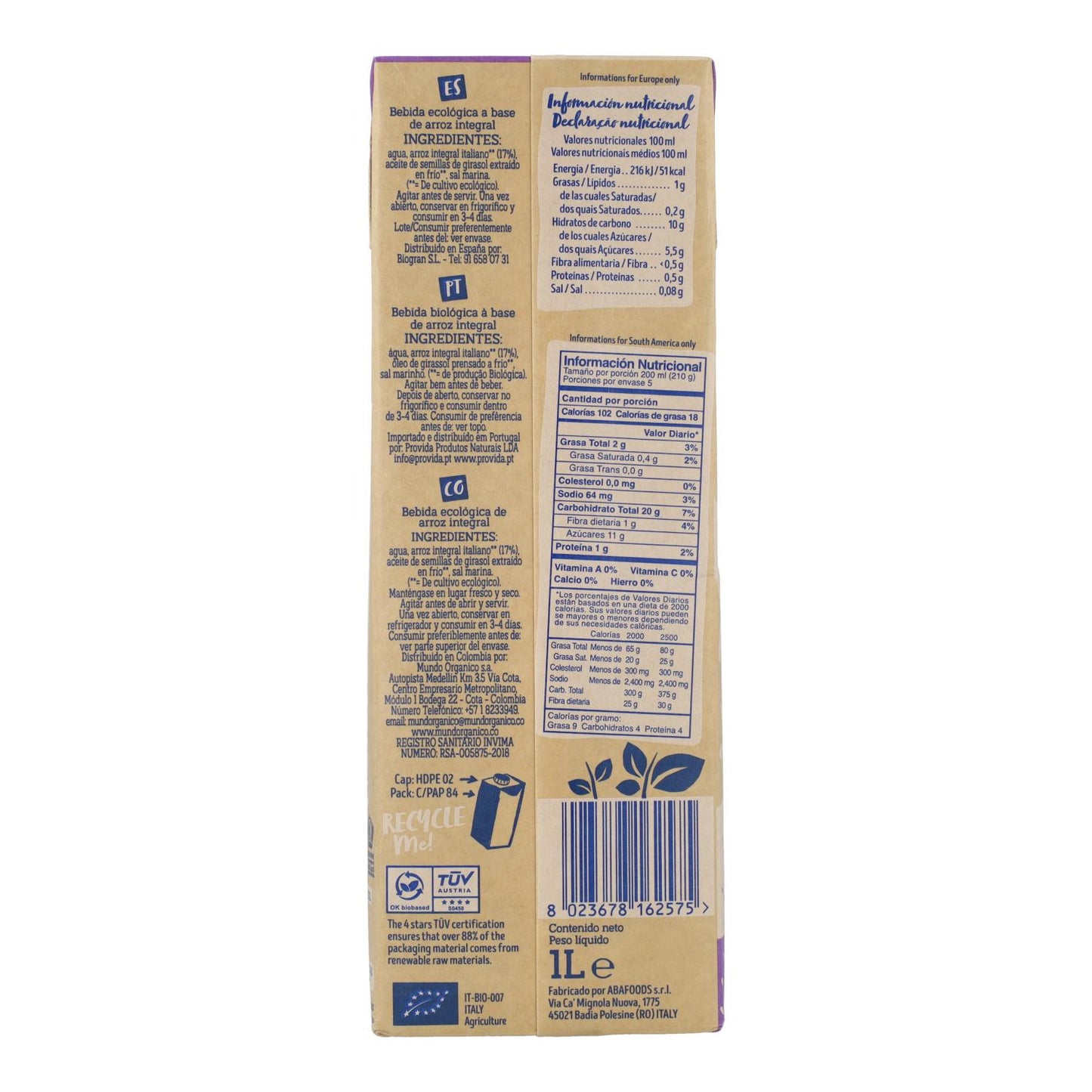 Bebida biológica de arroz integral sem glúten Isola Bio 1 L