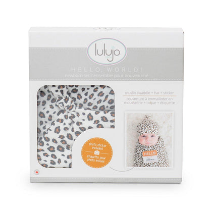 Conjunto de boas-vindas para recém-nascido Lulujo: chapéu de leopardo e musselina