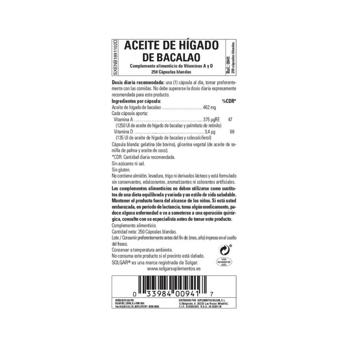 Óleo de Fígado de Bacalhau 250 cápsulas