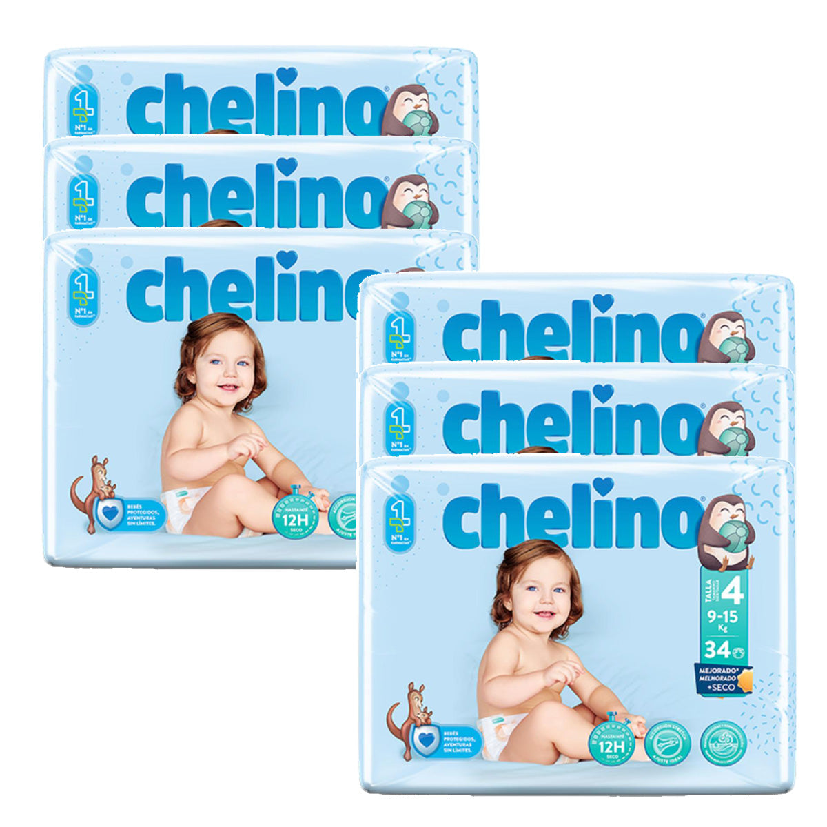 Embalagem de 6 fraldas T4 para gatinhar (9-15 kg) 34 unidades, Chelino