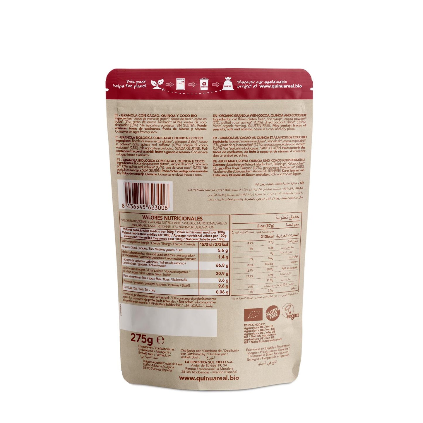 Royal Quinoa Granola com Cacau e Coco Sem Glúten BIO La Finestra Sul Cielo 250 g
