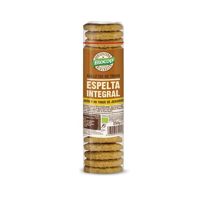Embalagem de 2 bolachas integrais de espelta, gengibre e limão Biocop 250g