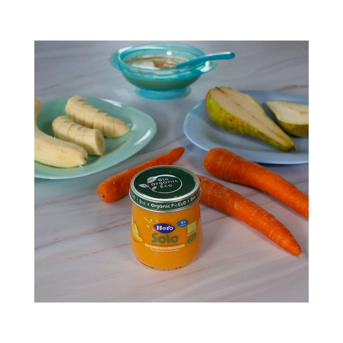 Pote de Pêra, Banana e Cenoura Biológica 120 g - Hero Solo