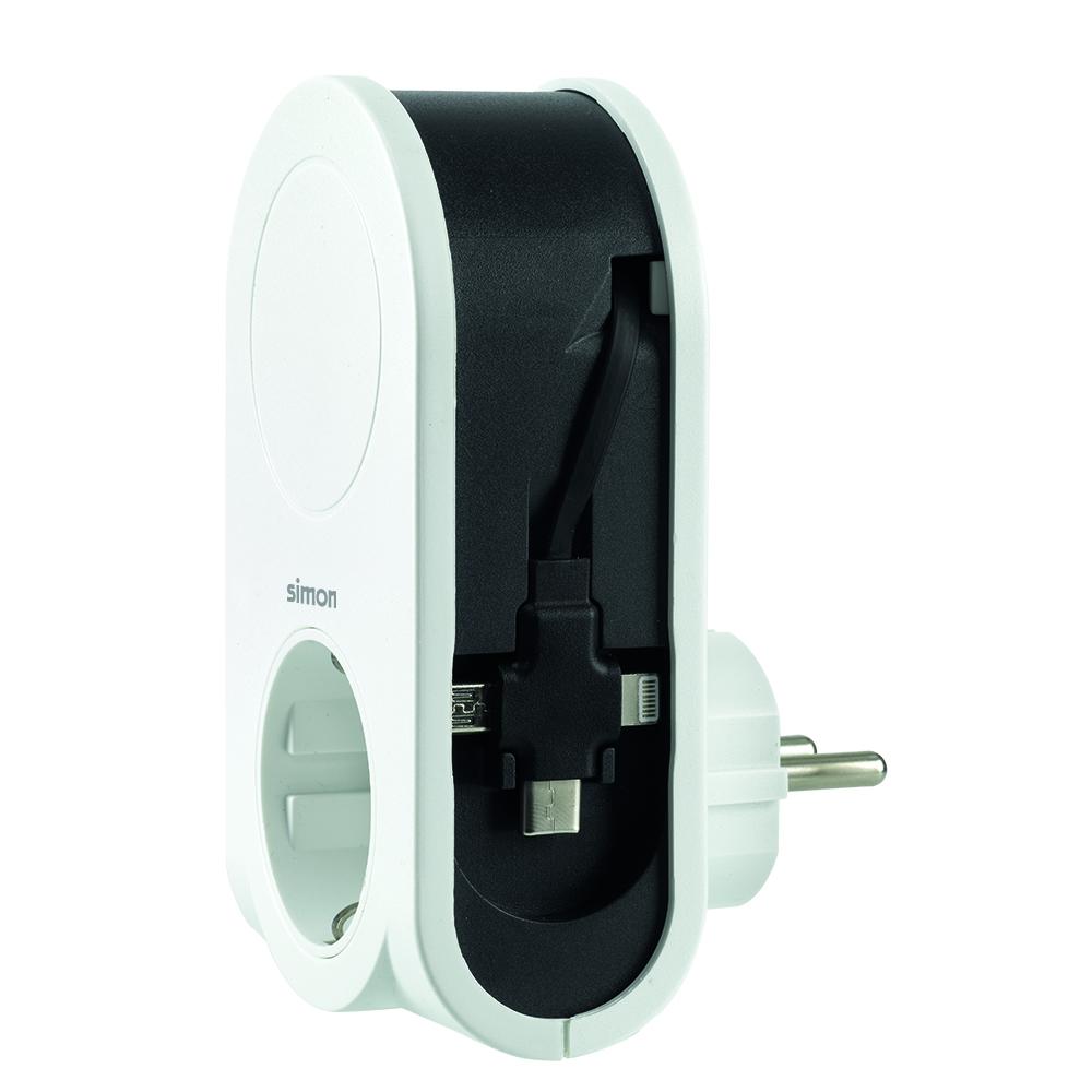 Adaptador com 3 pinos USB e um cabo roll-up + 1 porta USB A + 1 tomada 16A Simon