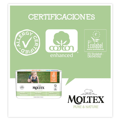 Fraldas T3 (4-10 kg) Moltex Pure &amp; Nature, 56 unidades